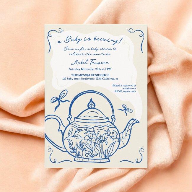 Retro Blue Bows Teapot Baby Is Brewing Baby Shower Invitation