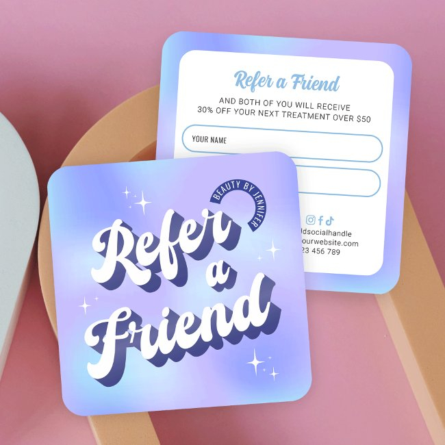 Retro Blue Purple Logo Refer A Friend Beauty Salon Referral Invitations