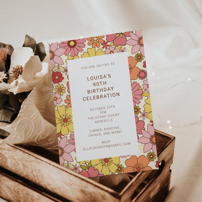 Retro Boho Pink Yellow Floral 90th Birthday Party Invitation