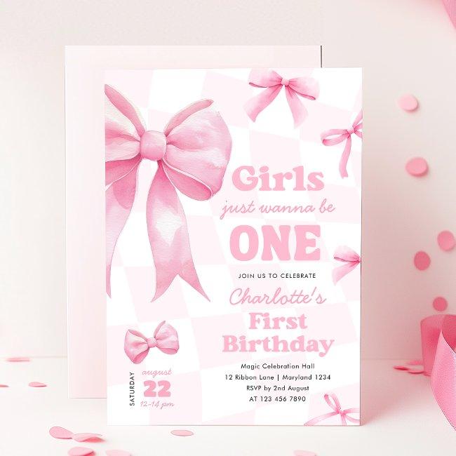 Retro Bow Checkered First Birthday Invitation