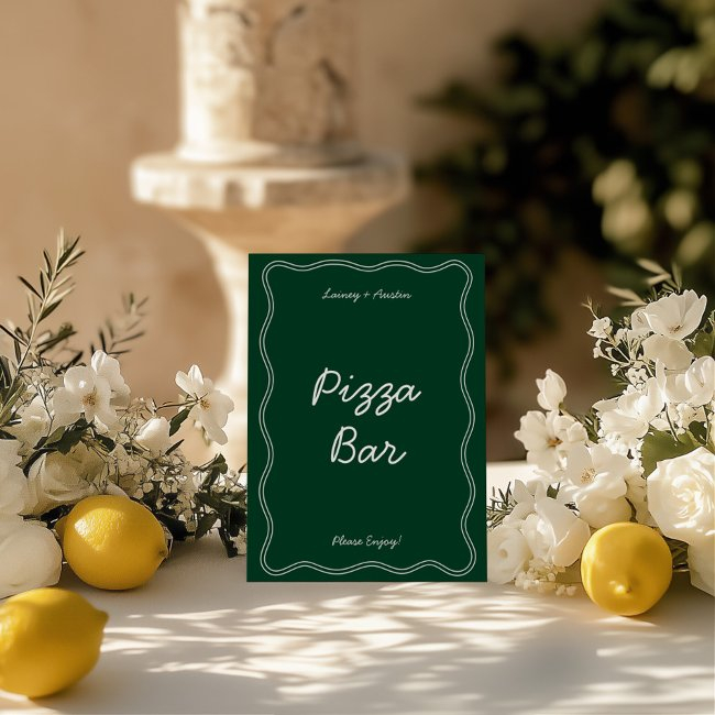 Retro Green Handwritting Pizza Bar Tabletop Sign Invitation