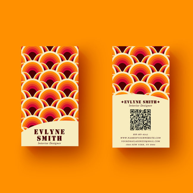 Retro Groovy Orange Qr Code 70s Boho Geometric Business Invitations