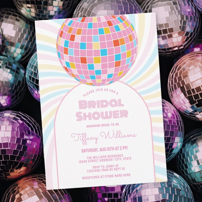 Retro Groovy Pink Disco Ball 70s 80s Bridal Shower Invitation
