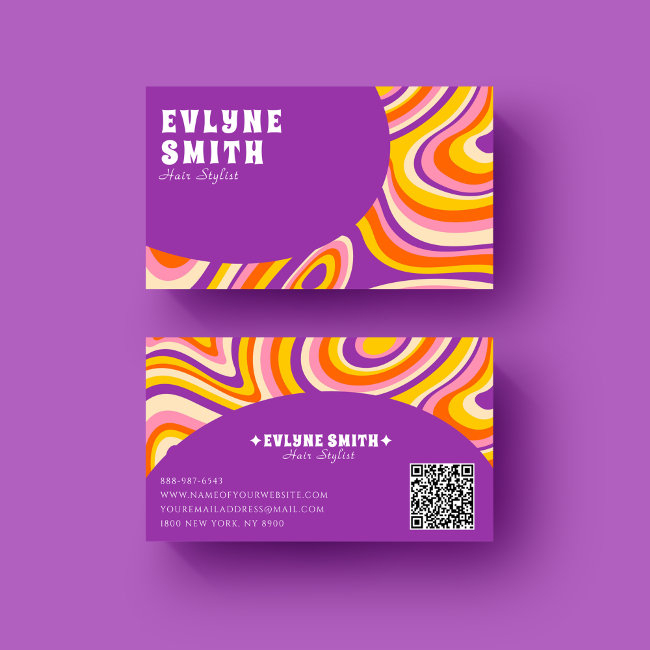 Retro Groovy Purple Qr Code 70s Psychedelic Unique Business Invitations