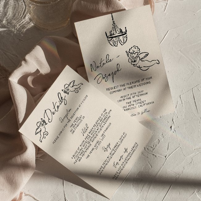 Retro Hand Drawn Written Cupid All In One Wedding Invitation