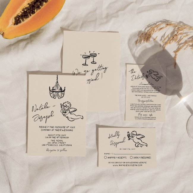 Retro Hand Drawn Written Cupid Quirky Wedding Invitation
