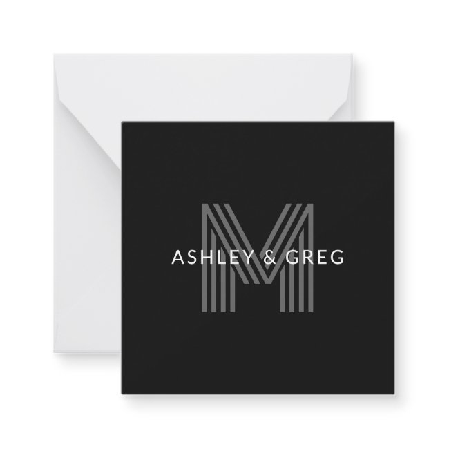 Retro Modern Name/s Editable Monogram Black & Gray Note Invitations