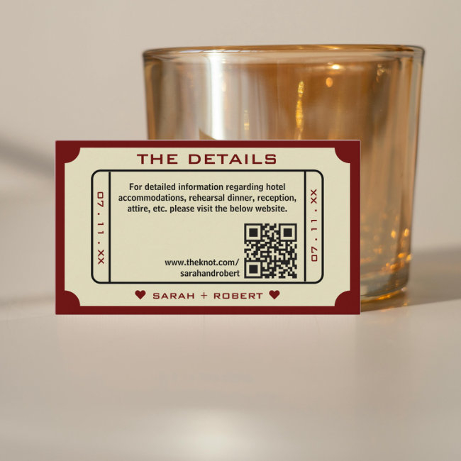 Retro Movie Ticket Stub Qr Code Wedding Details Enclosure Invitations