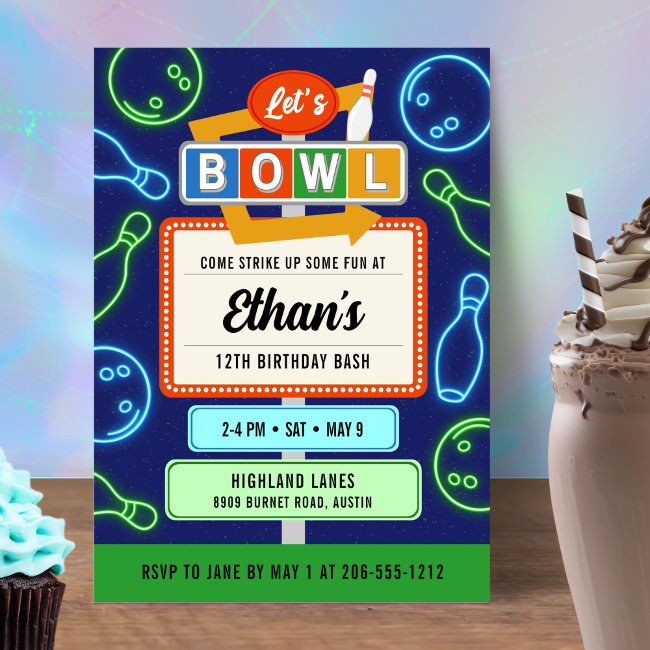 Retro Neon Bowling Invitation For Boy's Birthday