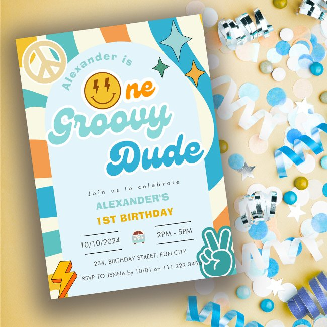 Retro One Groovy Dude Boy 1st First Birthday Invitation