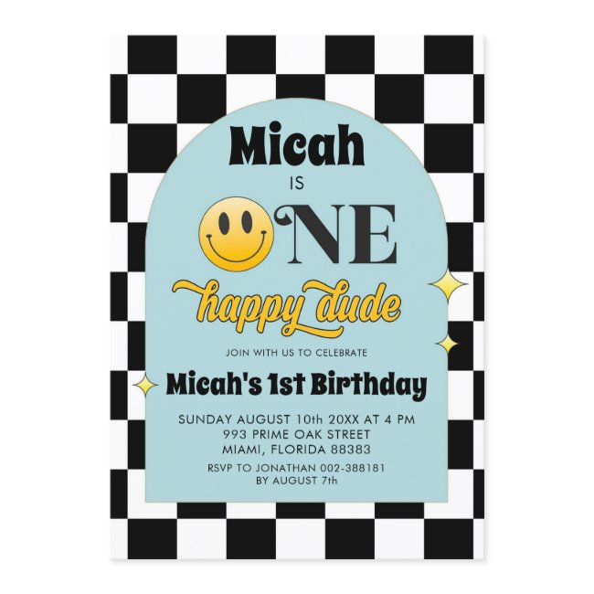 Retro One Happy Dude Birthday Invitation