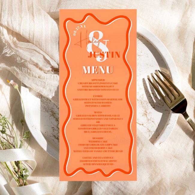 Retro Orange Curve Squiggle Wavy Wedding Menu