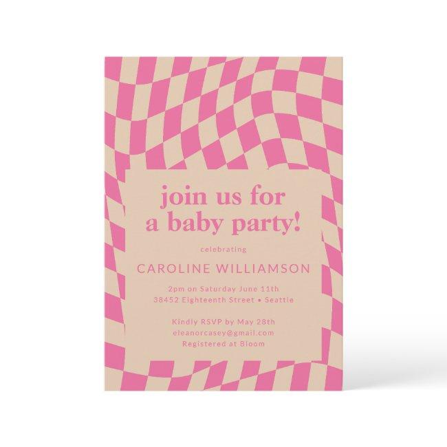 Retro Pink Abstract Checkerboard Baby Shower Invitation