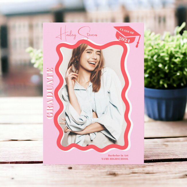 Retro Pink Curve Squiggle Wavy Photo Graduation Announcement