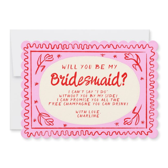 Retro Pink & Green Wavy Bridesmaid Proposal Invitation