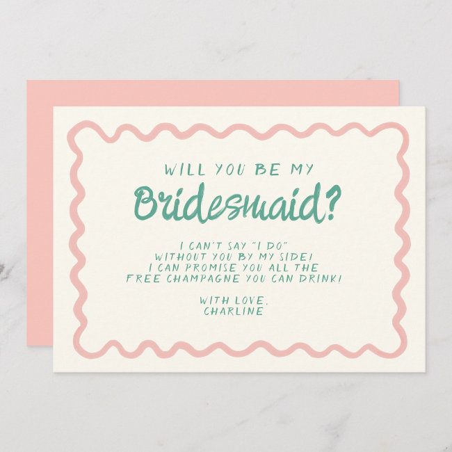 Retro Pink & Green Wavy Bridesmaid Proposal Invitation