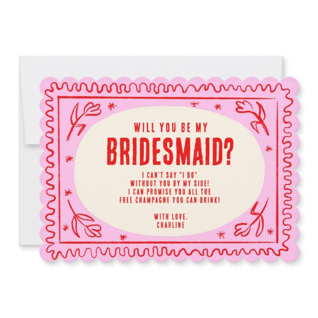 Retro Pink & Green Wavy Bridesmaid Proposal Invitation