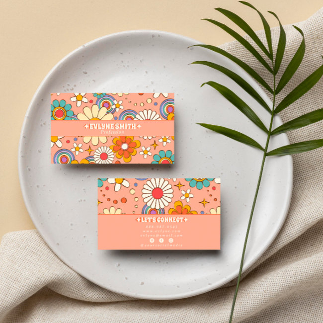 Retro Pink Orange Groovy Floral Boho Girly Trendy Business Invitations