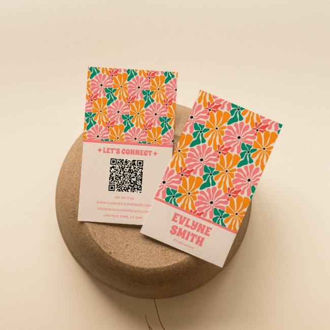 Retro Pink Orange Qr Code Groovy Floral Trendy Business Invitations