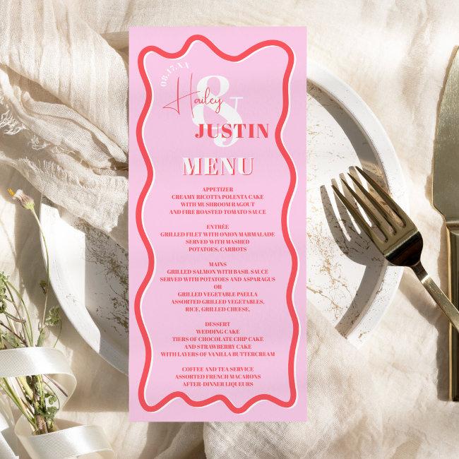 Retro Pink Red Curve Squiggle Wavy Wedding Menu