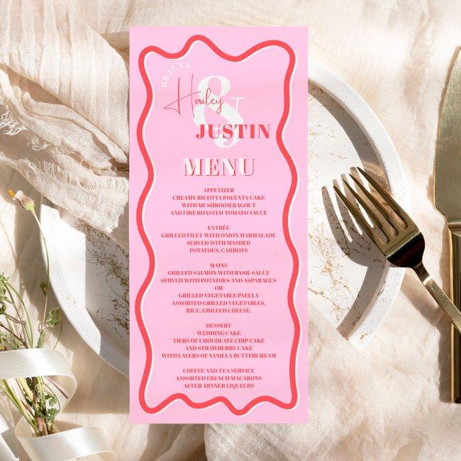 Retro Pink Red Curve Squiggle Wavy Wedding Menu