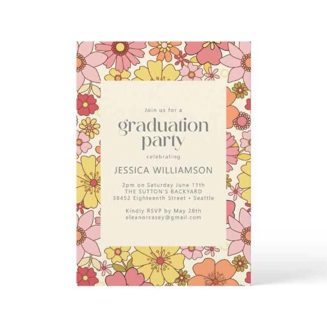 Retro Pink Yellow Floral Groovy Graduation Party Invitation