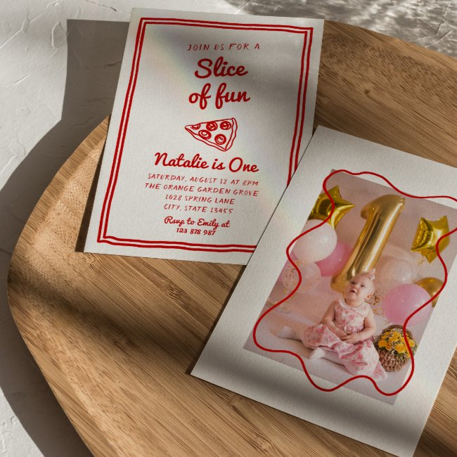 Retro Pizza 1st Drawn Slice Of Fun Photo Birthday Invitation