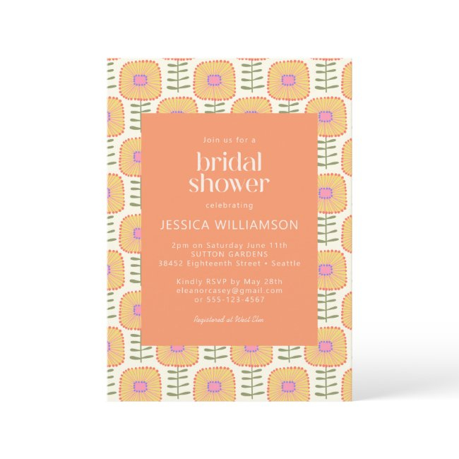 Retro Scandi Yellow Orange Flower Bridal Shower Invitation