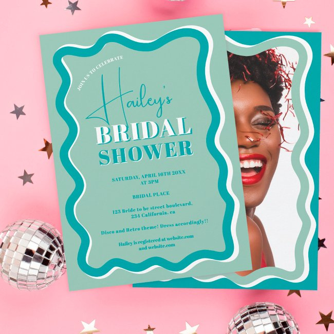 Retro Teal Blue Curve Squiggle Wavy Bridal Shower Invitation