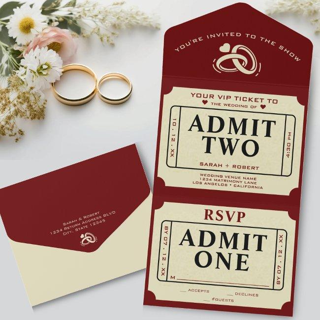 Retro Theater Movie Ticket Stub Admit Two Wedding All In One Invitation