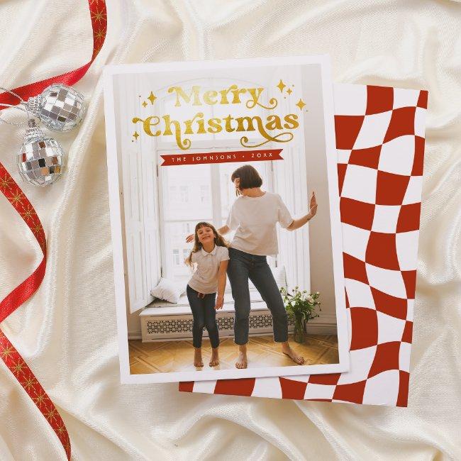 Retro Typography Groovy Merry Christmas Photo Holiday Invitations