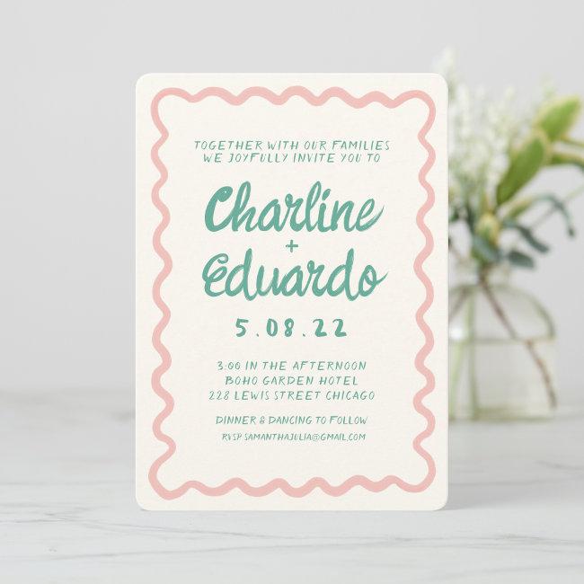 Retro Wavy Pink And Green Handwriting Wedding Invitation