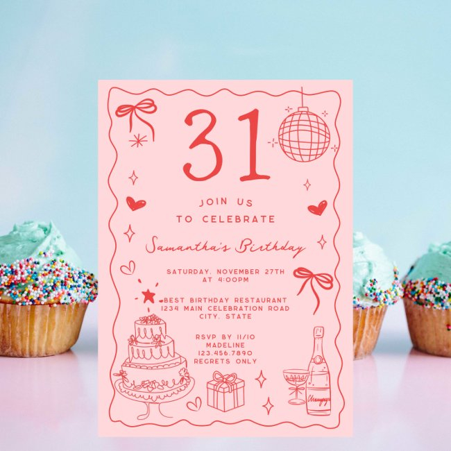 Retro Whimsical Quirky Red Pink 31st Birthday Invitation