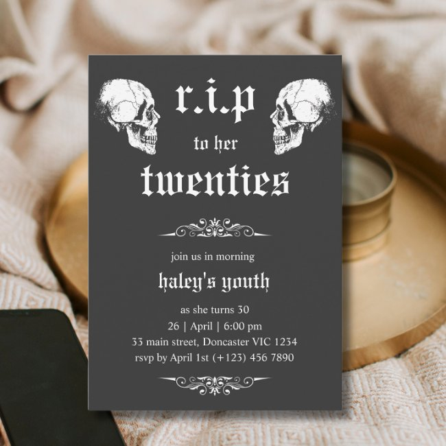 Rip 20s To Her Twenties Goth Skulls 30th Birthday Invitation