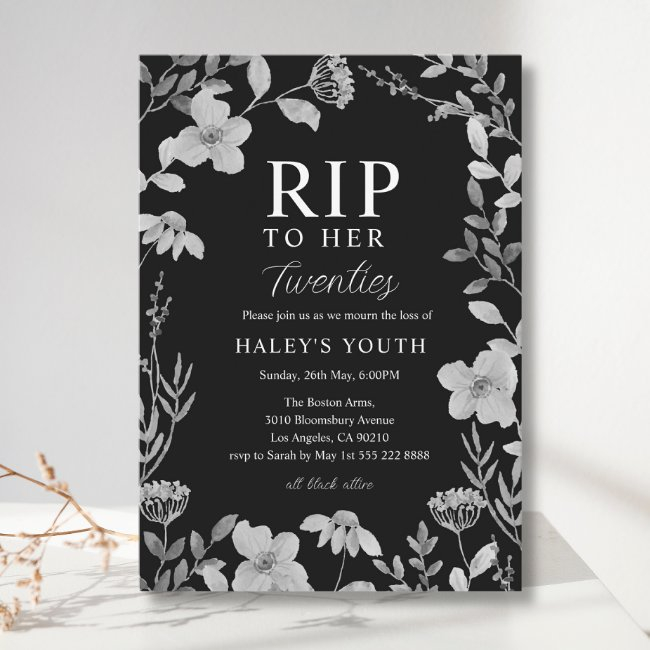 Rip Twenties 20s Floral Frame Gothic 30th Birthday Invitation