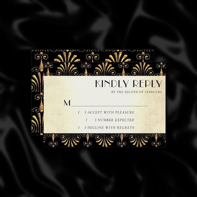 Roarin 20s Decadence | Gold Black Modern Art Deco Rsvp Invitations