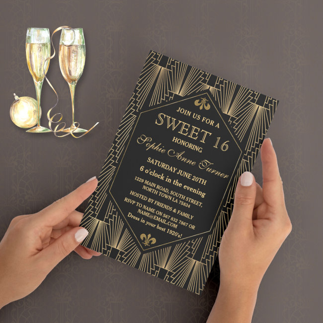 Roaring 20s Great Gatsby Art Deco Sweet 16 Party Invitation