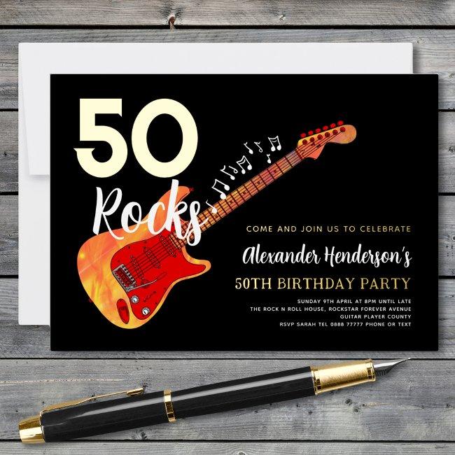 Rock And Roll 50th Birthday Party Gold Foil Invitation