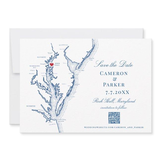 Rock Hall Maryland Wedding Elegant Navy Qr Code Save The Date