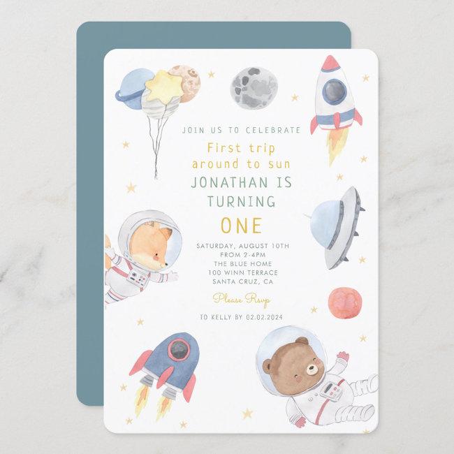 Rocket Astronaut Outer Space Baby Birthday Invitation