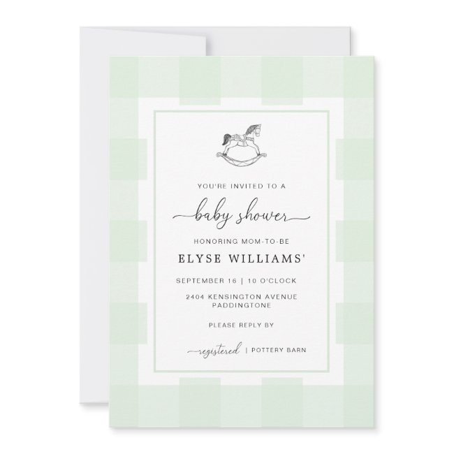 Rocking Horse Green Gingham Baby Shower Invitation