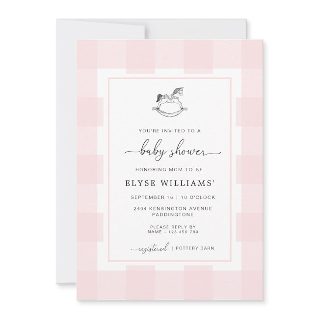 Rocking Horse Pink Gingham Baby Shower Invitation