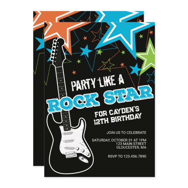 Rockstar Blue Orange Guitar Birthday Invitation