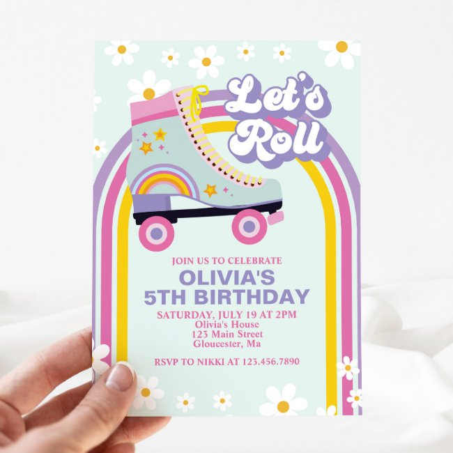Roller Skate Retro Rainbow Birthday Inv Invitation