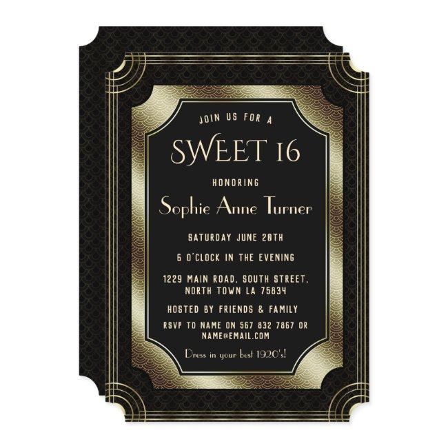 Romantic Black Great Gatsby Art Deco 20s Sweet 16 Invitation