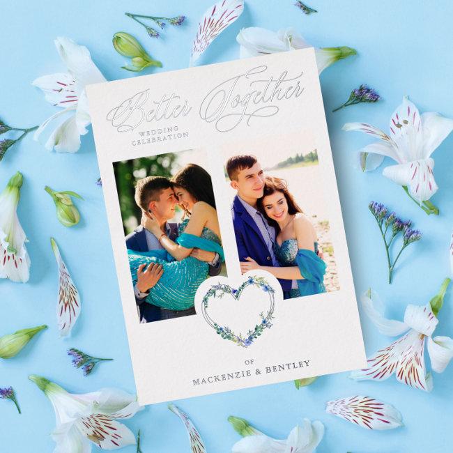 Romantic Blue Shades Real Silver Floral Heart Foil Invitation