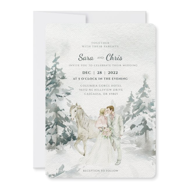 Romantic Snowy Winter Forest With Bride And Groom Invitation