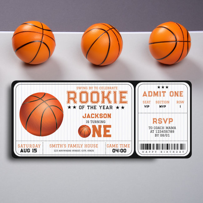 Rookie Of The Year 1st Birthday Basketball Ticket Invitation