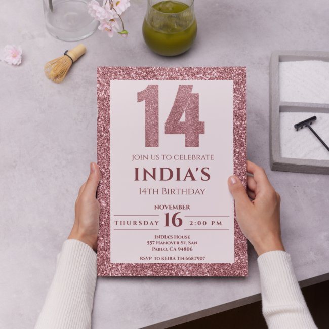 Rose Gold 14th Birthday Invitation