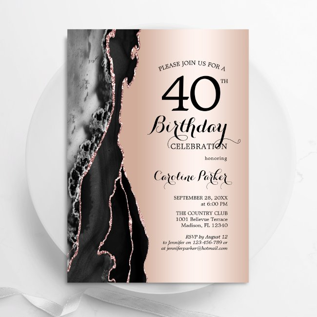 Rose Gold Black Agate 40th Birthday Invitation